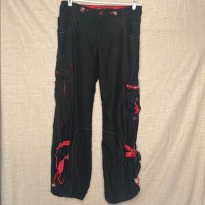 Vintage Y2K Kikgirl RaverBlack Cargo Pants with Red Accents